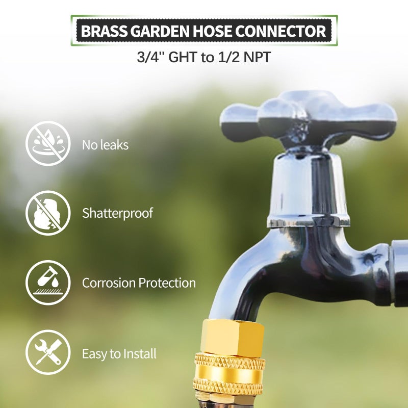Litorange 2 Pack Lead-Free Brass Garden Hose Threaded 3/4" GHT to 1/2 NPT Fitting Connect, Green Thumb Quick Swivel Connector Adapter, Double Female Thread 3/4" x 1/2" NPT Pipe - Image 3